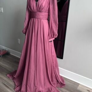 Long-Sleeve Maxi Dress in Dusty Rose — Elegant V-Neck Gown